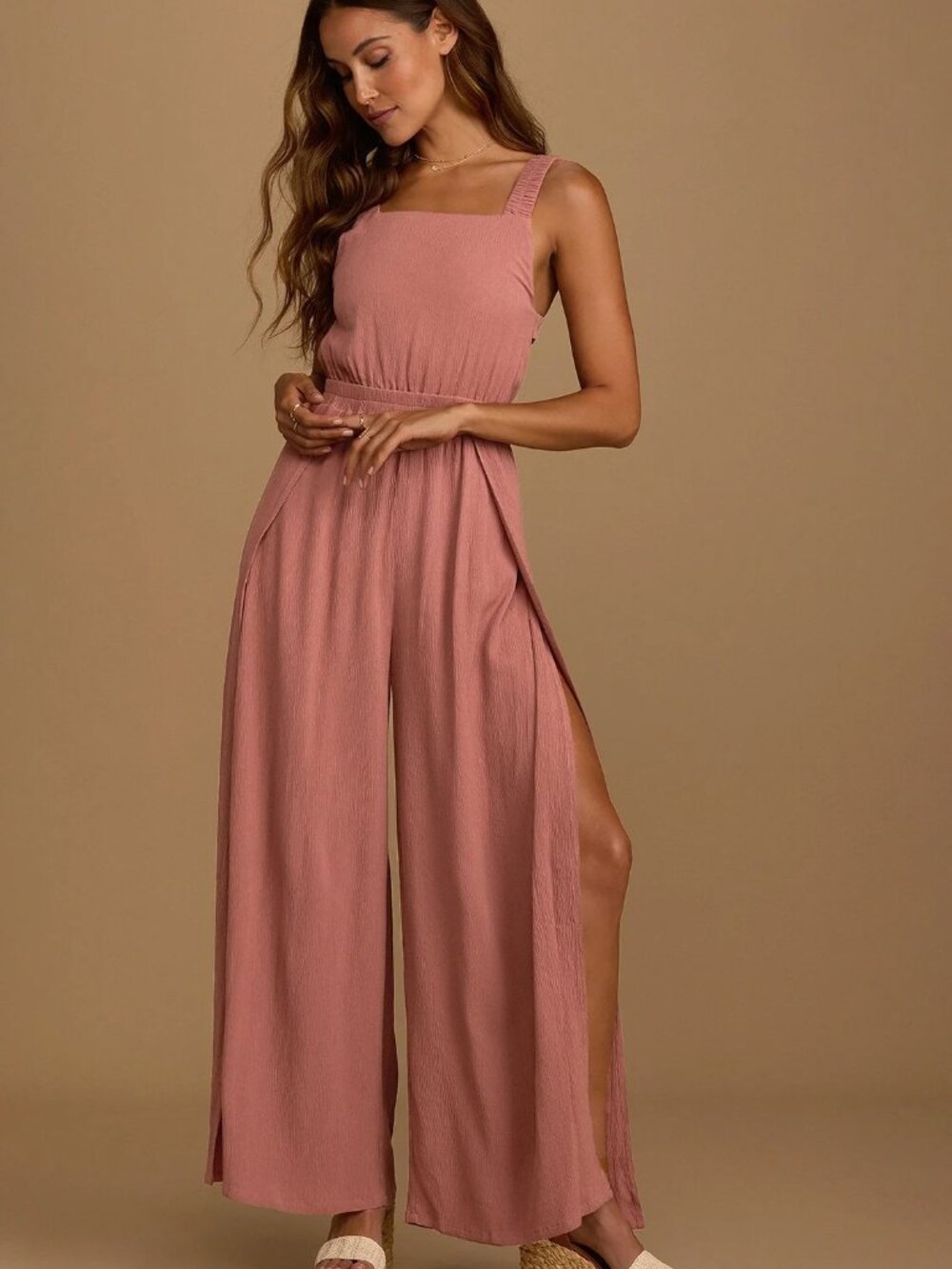 NWT Lulu's Back for More Dark Mauve Strappy Back Split Leg Jumpsuit
